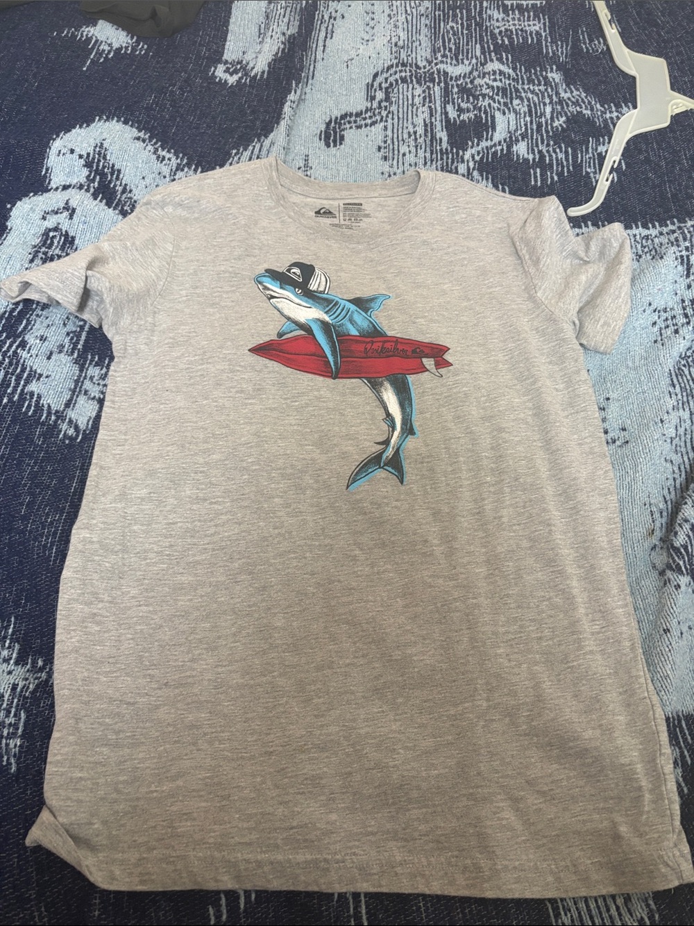Quiksilver Gray Tee with Blue Shark and Red Surfboard Graphic